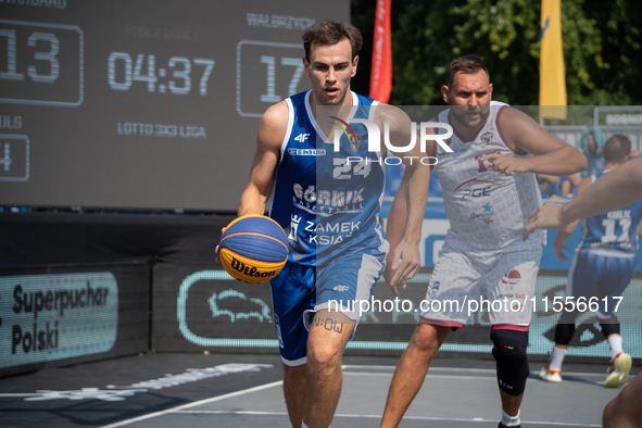 Kacper Marchewka participates in the LOTTO 3x3 League basketball game in Sosnowiec, Poland, on September 7, 2024. The Lotto 3x3 Liga tournam...