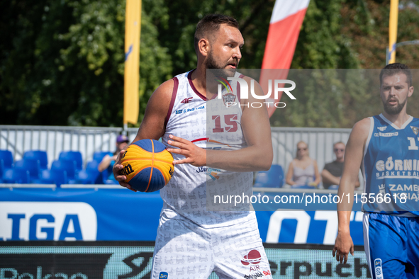 Marek Cwelich participates in the LOTTO 3x3 League basketball game in Sosnowiec, Poland, on September 7, 2024. The Lotto 3x3 Liga tournament...