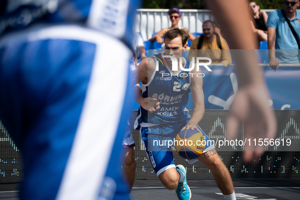 Kacper Marchewka participates in the LOTTO 3x3 League basketball game in Sosnowiec, Poland, on September 7, 2024. The Lotto 3x3 Liga tournam...