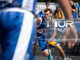 Kacper Marchewka participates in the LOTTO 3x3 League basketball game in Sosnowiec, Poland, on September 7, 2024. The Lotto 3x3 Liga tournam...