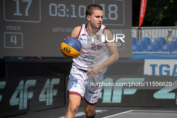 Mateusz Bryla participates in the LOTTO 3x3 League basketball game in Sosnowiec, Poland, on September 7, 2024. The Lotto 3x3 Liga tournament...