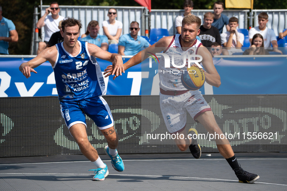 Kacper Marchewka and Mateusz Moron during the LOTTO 3x3 League basketball game in Sosnowiec, Poland, on September 7, 2024. Lotto 3x3 Liga to...