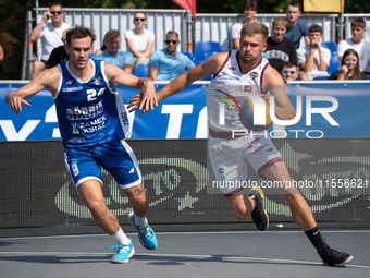 Kacper Marchewka and Mateusz Moron during the LOTTO 3x3 League basketball game in Sosnowiec, Poland, on September 7, 2024. Lotto 3x3 Liga to...