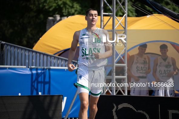 Mateusz Leniec participates in the LOTTO 3x3 League basketball game in Sosnowiec, Poland, on September 7, 2024. The Lotto 3x3 Liga tournamen...