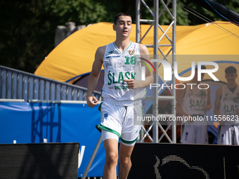 Mateusz Leniec participates in the LOTTO 3x3 League basketball game in Sosnowiec, Poland, on September 7, 2024. The Lotto 3x3 Liga tournamen...