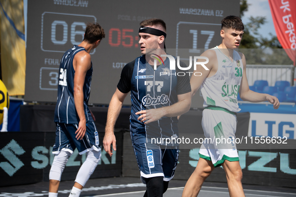 Jakub Brandys participates in the LOTTO 3x3 League basketball game in Sosnowiec, Poland, on September 7, 2024. The Lotto 3x3 Liga tournament...