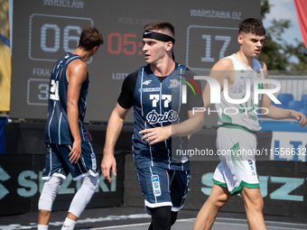 Jakub Brandys participates in the LOTTO 3x3 League basketball game in Sosnowiec, Poland, on September 7, 2024. The Lotto 3x3 Liga tournament...