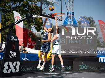 Filip Munyama and Borys Baran participate in the LOTTO 3x3 League basketball game in Sosnowiec, Poland, on September 7, 2024. The Lotto 3x3...