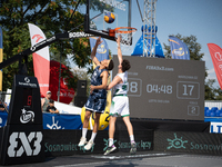 Filip Munyama and Borys Baran participate in the LOTTO 3x3 League basketball game in Sosnowiec, Poland, on September 7, 2024. The Lotto 3x3...