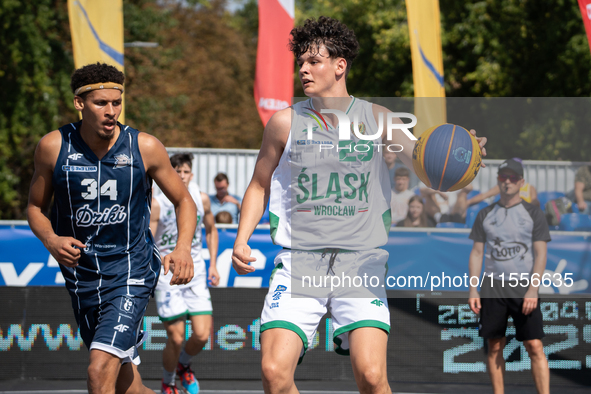 Borys Baran participates in the LOTTO 3x3 League basketball game in Sosnowiec, Poland, on September 7, 2024. Lotto 3x3 Liga tournament match...