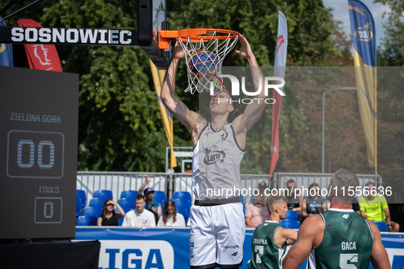 Krystian Kozluk participates in the LOTTO 3x3 League basketball game in Sosnowiec, Poland, on September 7, 2024. The Lotto 3x3 Liga tourname...