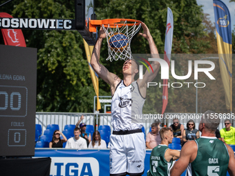 Krystian Kozluk participates in the LOTTO 3x3 League basketball game in Sosnowiec, Poland, on September 7, 2024. The Lotto 3x3 Liga tourname...