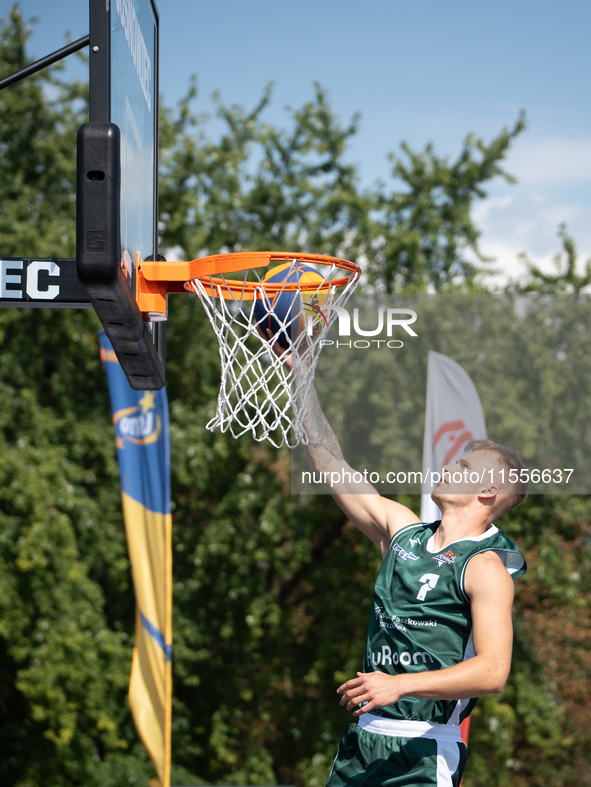 Mateusz Chalupka participates in the LOTTO 3x3 League basketball game in Sosnowiec, Poland, on September 7, 2024. The Lotto 3x3 Liga tournam...