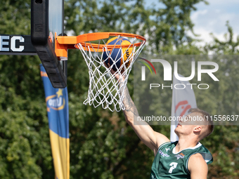 Mateusz Chalupka participates in the LOTTO 3x3 League basketball game in Sosnowiec, Poland, on September 7, 2024. The Lotto 3x3 Liga tournam...