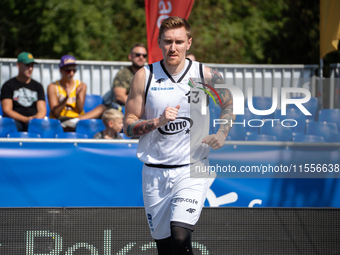 Michal Wojtynski participates in the LOTTO 3x3 League basketball game in Sosnowiec, Poland, on September 7, 2024. The Lotto 3x3 Liga tournam...