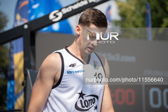 Krystian Kozluk participates in the LOTTO 3x3 League basketball game in Sosnowiec, Poland, on September 7, 2024. The Lotto 3x3 Liga tourname...