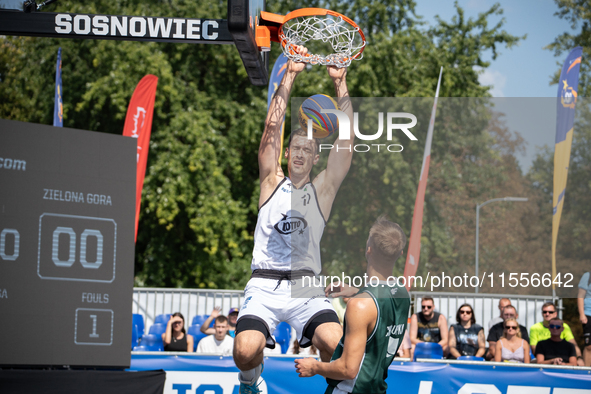 Krystian Kozluk participates in the LOTTO 3x3 League basketball game in Sosnowiec, Poland, on September 7, 2024. The Lotto 3x3 Liga tourname...