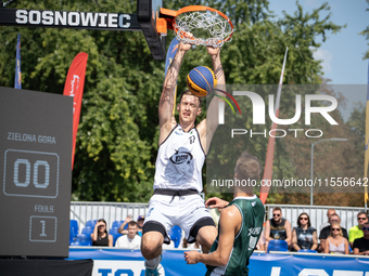 Krystian Kozluk participates in the LOTTO 3x3 League basketball game in Sosnowiec, Poland, on September 7, 2024. The Lotto 3x3 Liga tourname...