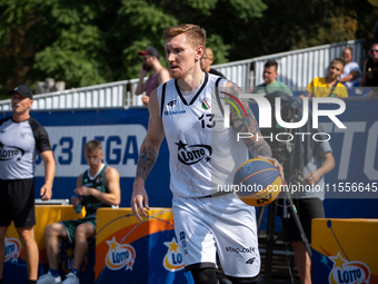 Michal Wojtynski participates in the LOTTO 3x3 League basketball game in Sosnowiec, Poland, on September 7, 2024. The Lotto 3x3 Liga tournam...