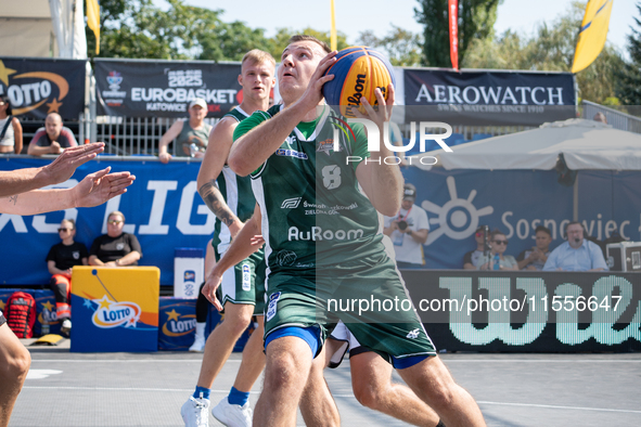 Hubert Stepien participates in the LOTTO 3x3 League basketball game in Sosnowiec, Poland, on September 7, 2024. The Lotto 3x3 Liga tournamen...