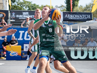 Hubert Stepien participates in the LOTTO 3x3 League basketball game in Sosnowiec, Poland, on September 7, 2024. The Lotto 3x3 Liga tournamen...