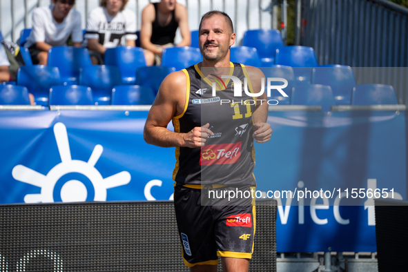 Mateusz Nitsche participates in the LOTTO 3x3 League basketball game in Sosnowiec, Poland, on September 7, 2024. The Lotto 3x3 Liga tourname...