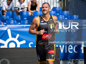 Mateusz Nitsche participates in the LOTTO 3x3 League basketball game in Sosnowiec, Poland, on September 7, 2024. The Lotto 3x3 Liga tourname...