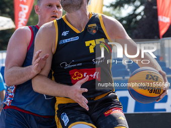 Kacper Jastrzebski participates in the LOTTO 3x3 League basketball game in Sosnowiec, Poland, on September 7, 2024. The Lotto 3x3 Liga tourn...