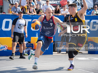 Wojciech Bernasiak participates in the LOTTO 3x3 League basketball game in Sosnowiec, Poland, on September 7, 2024. The Lotto 3x3 Liga tourn...