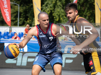 Wojciech Bernasiak participates in the LOTTO 3x3 League basketball game in Sosnowiec, Poland, on September 7, 2024. The Lotto 3x3 Liga tourn...