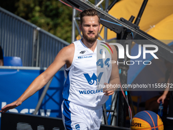 Szymon Rduch participates in the LOTTO 3x3 League basketball game in Sosnowiec, Poland, on September 7, 2024. The Lotto 3x3 Liga tournament...