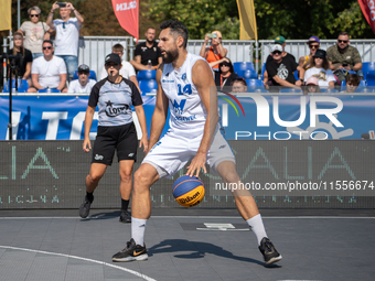 Pawel Pawlowski participates in the LOTTO 3x3 League basketball game in Sosnowiec, Poland, on September 7, 2024. The Lotto 3x3 Liga tourname...