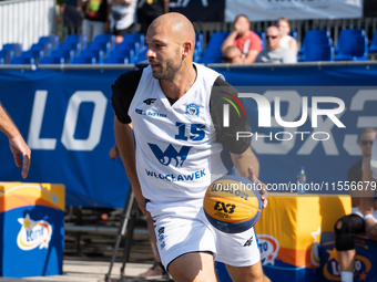 Marcin Zarzeczny participates in the LOTTO 3x3 League basketball game in Sosnowiec, Poland, on September 7, 2024. The Lotto 3x3 Liga tournam...