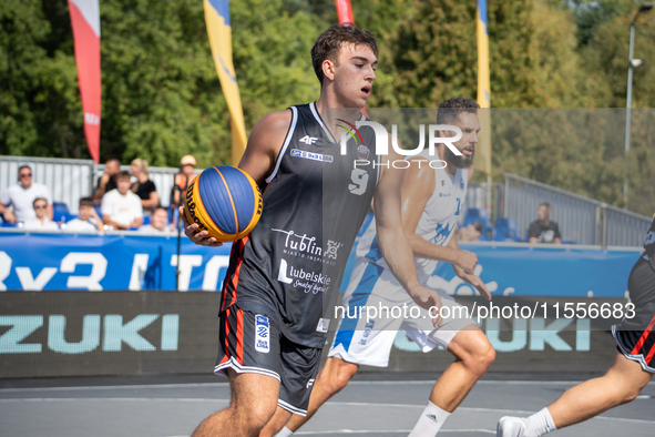 Marcel Skiba participates in the LOTTO 3x3 League basketball game in Sosnowiec, Poland, on September 7, 2024. The Lotto 3x3 Liga tournament...