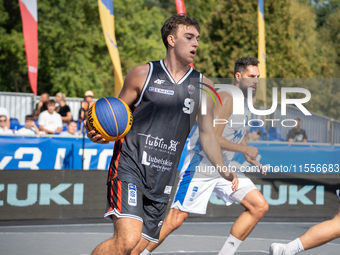 Marcel Skiba participates in the LOTTO 3x3 League basketball game in Sosnowiec, Poland, on September 7, 2024. The Lotto 3x3 Liga tournament...