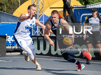 Wiktor Kepka and Szymon Rduch participate in the LOTTO 3x3 League basketball game in Sosnowiec, Poland, on September 7, 2024. The Lotto 3x3...