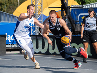 Wiktor Kepka and Szymon Rduch participate in the LOTTO 3x3 League basketball game in Sosnowiec, Poland, on September 7, 2024. The Lotto 3x3...