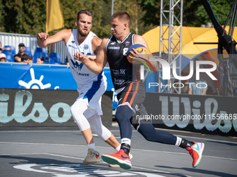 Wiktor Kepka and Szymon Rduch participate in the LOTTO 3x3 League basketball game in Sosnowiec, Poland, on September 7, 2024. The Lotto 3x3...