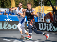 Wiktor Kepka and Szymon Rduch participate in the LOTTO 3x3 League basketball game in Sosnowiec, Poland, on September 7, 2024. The Lotto 3x3...