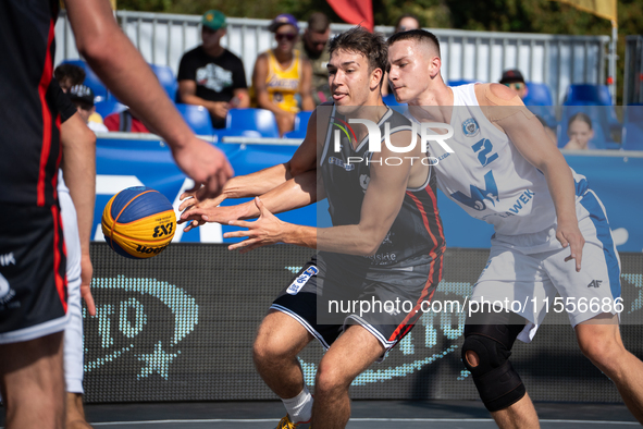 Marcel Skiba and Kacper Ponitka during the LOTTO 3x3 League basketball game in Sosnowiec, Poland, on September 7, 2024. The Lotto 3x3 Liga t...