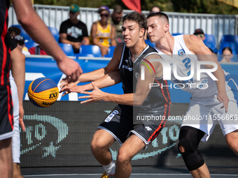 Marcel Skiba and Kacper Ponitka during the LOTTO 3x3 League basketball game in Sosnowiec, Poland, on September 7, 2024. The Lotto 3x3 Liga t...