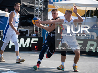 Wiktor Kepka and Kacper Ponitka participate in the LOTTO 3x3 League basketball game in Sosnowiec, Poland, on September 7, 2024. The Lotto 3x...