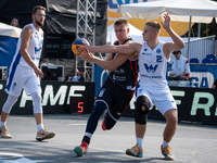 Wiktor Kepka and Kacper Ponitka participate in the LOTTO 3x3 League basketball game in Sosnowiec, Poland, on September 7, 2024. The Lotto 3x...