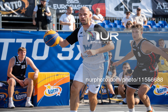 Marcin Zarzeczny participates in the LOTTO 3x3 League basketball game in Sosnowiec, Poland, on September 7, 2024. The Lotto 3x3 Liga tournam...