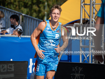 Mateusz Zebrok participates in the LOTTO 3x3 League basketball game in Sosnowiec, Poland, on September 7, 2024. The Lotto 3x3 Liga tournamen...