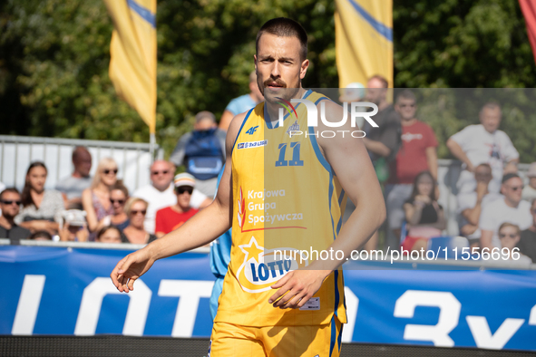 Grzegorz Kaminski participates in the LOTTO 3x3 League basketball game in Sosnowiec, Poland, on September 7, 2024. The Lotto 3x3 Liga tourna...