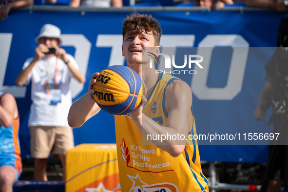 Mateusz Stawiak participates in the LOTTO 3x3 League basketball game in Sosnowiec, Poland, on September 7, 2024. The Lotto 3x3 Liga tourname...