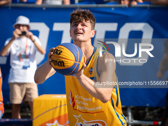 Mateusz Stawiak participates in the LOTTO 3x3 League basketball game in Sosnowiec, Poland, on September 7, 2024. The Lotto 3x3 Liga tourname...