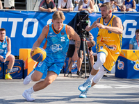 Mateusz Zebrok and Przemyslaw Zamojski participate in the LOTTO 3x3 League basketball game in Sosnowiec, Poland, on September 7, 2024. The L...