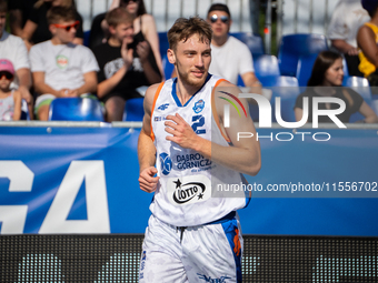 Krystian Zawadzki participates in the LOTTO 3x3 League basketball game in Sosnowiec, Poland, on September 7, 2024. The Lotto 3x3 Liga tourna...